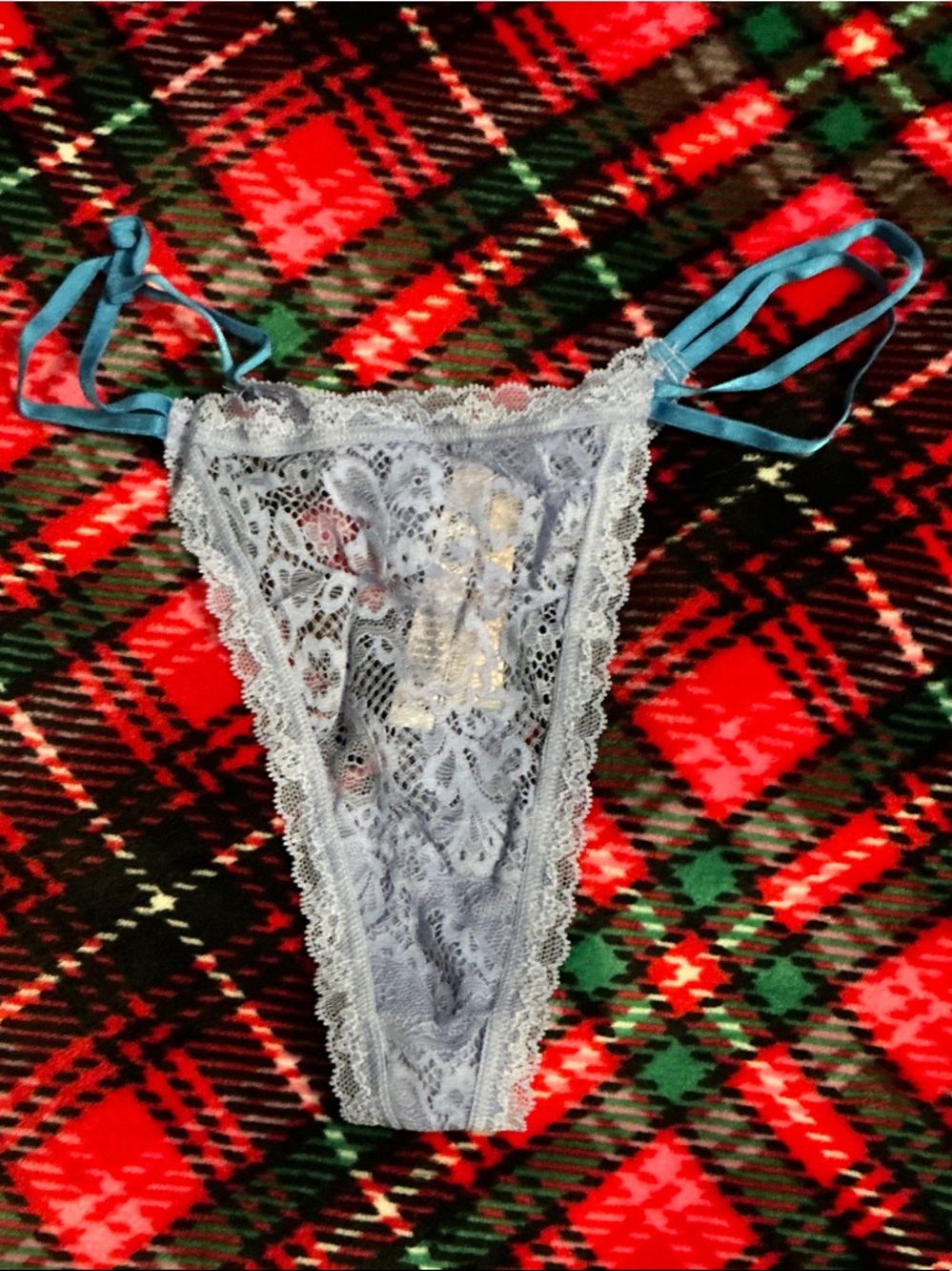 PINK Victoria's Secret Light Blue Lace Thong with Blue Satin Straps